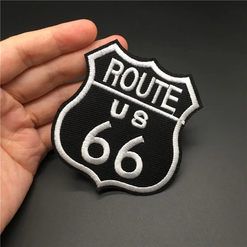 Route 66 dimensioni: 7.2x7.8cm Patch per vestiti fai-da-te ferro su Badge striscia ricamata per abbigliamento giacca adesivo Applique per cucire