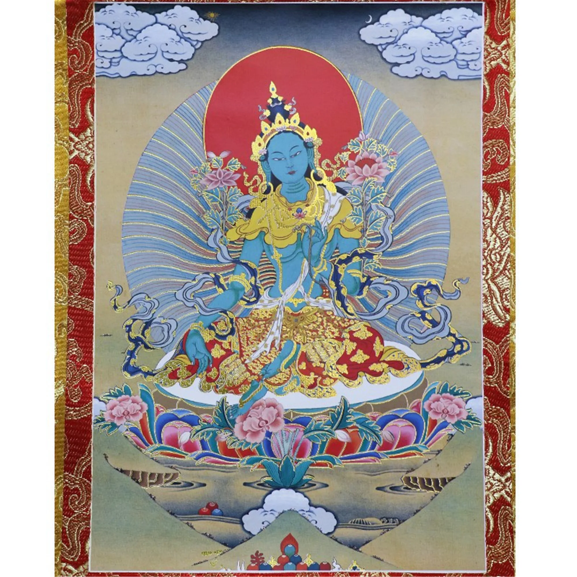 Gandhanra Bronzing Printed Thangka Art - Green Tara Thangka,Sitatara,Jetsun Dolma,Hand Framed Tibetan Buddhist Thangka