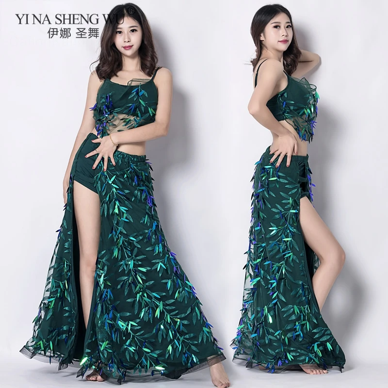 New Summer Belly Dance Top Skirt Set Training Clothes Beginner Performance Willow Leaves Long Skirt Oriental Net Yarn Dance Wear