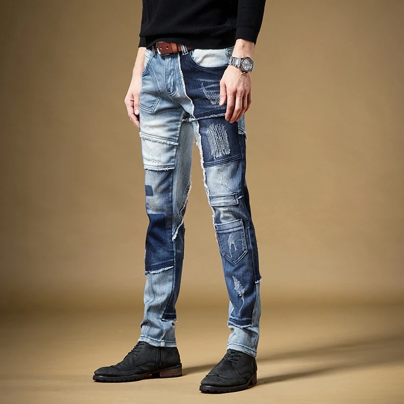 Free Shipping New men's male denim jeans Autumn winter American street trends personality stitching boys casual pants 98% cotton