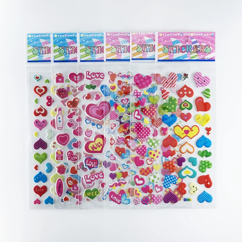 12 Sheets/Pack Love Heart Shape Hot 3D Cute Sticker Toy Kids DIY Bubble PVC Stickers Lovely Reward Sticker For Children