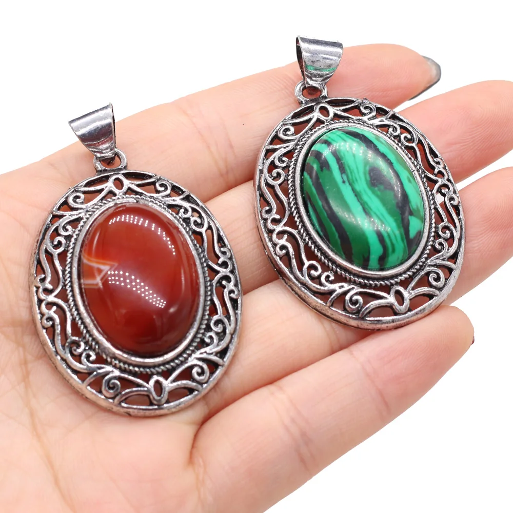 2023 New Elliptical Alloy Charms Natural Stone Crystal Agate Malachite Pendant for Jewelry Making DIY Necklace Accessories Gifts