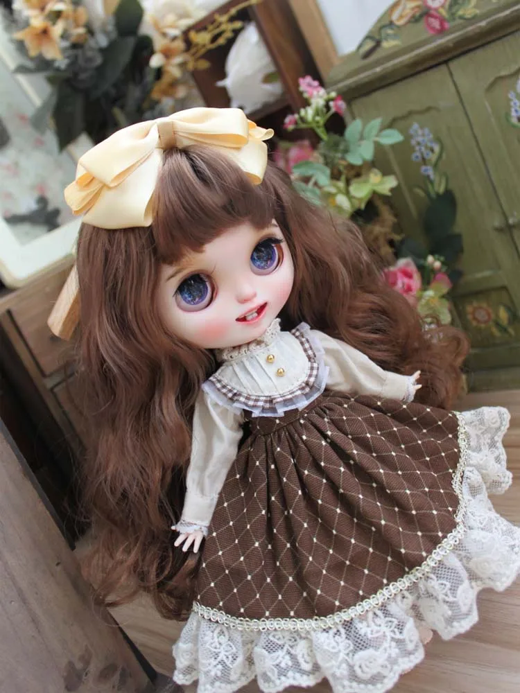 Blyth doll clothes brown color check sweet dress + hair clips bowknot for Blyth small dress doll accessories doll clothes