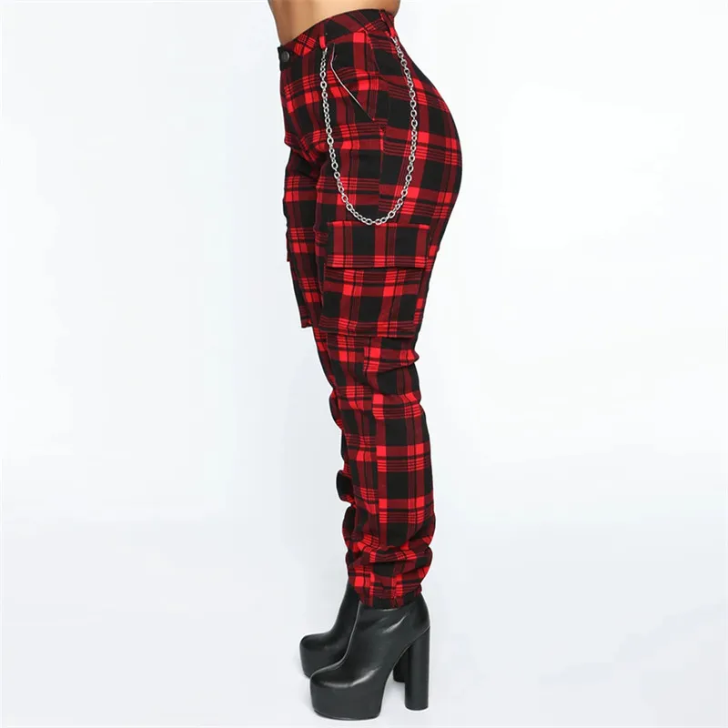 Red Plaid Pants Women Slim Hight Waist Trousers Women Harem Pants Pockets Without Chain Plus Size Ladies Streetwear Spring