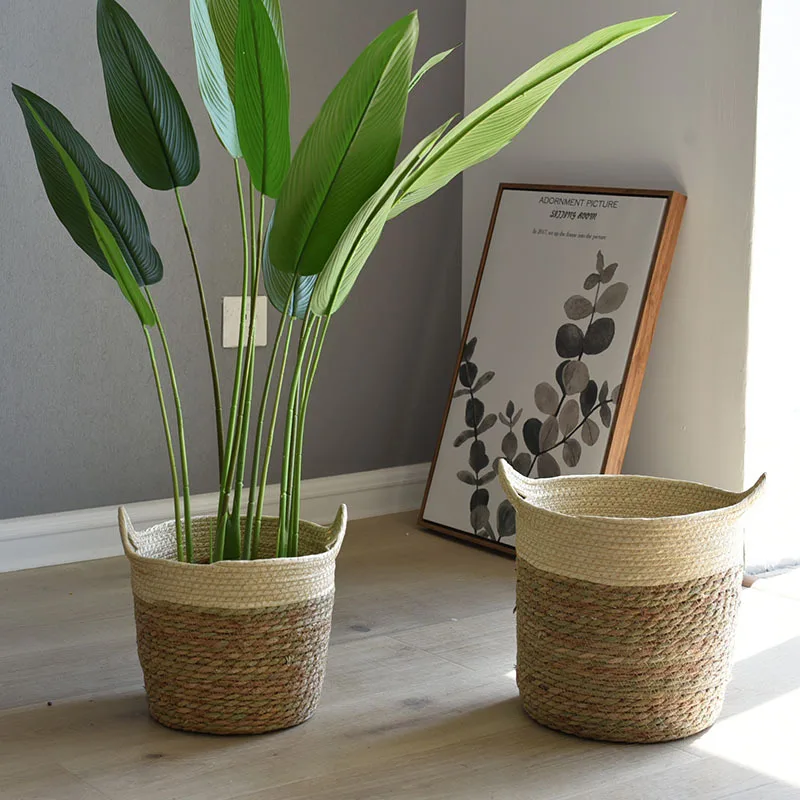 Cesta de almacenamiento de paja natural, maceta de ratán, decoración artesanal, moderna para el hogar, sala de estar, dormitorio, tienda, jardín