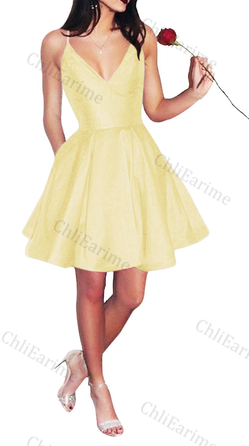 Women's Short Spaghetti Straps V-Neck A-Line Homecoming Dress With Pockets