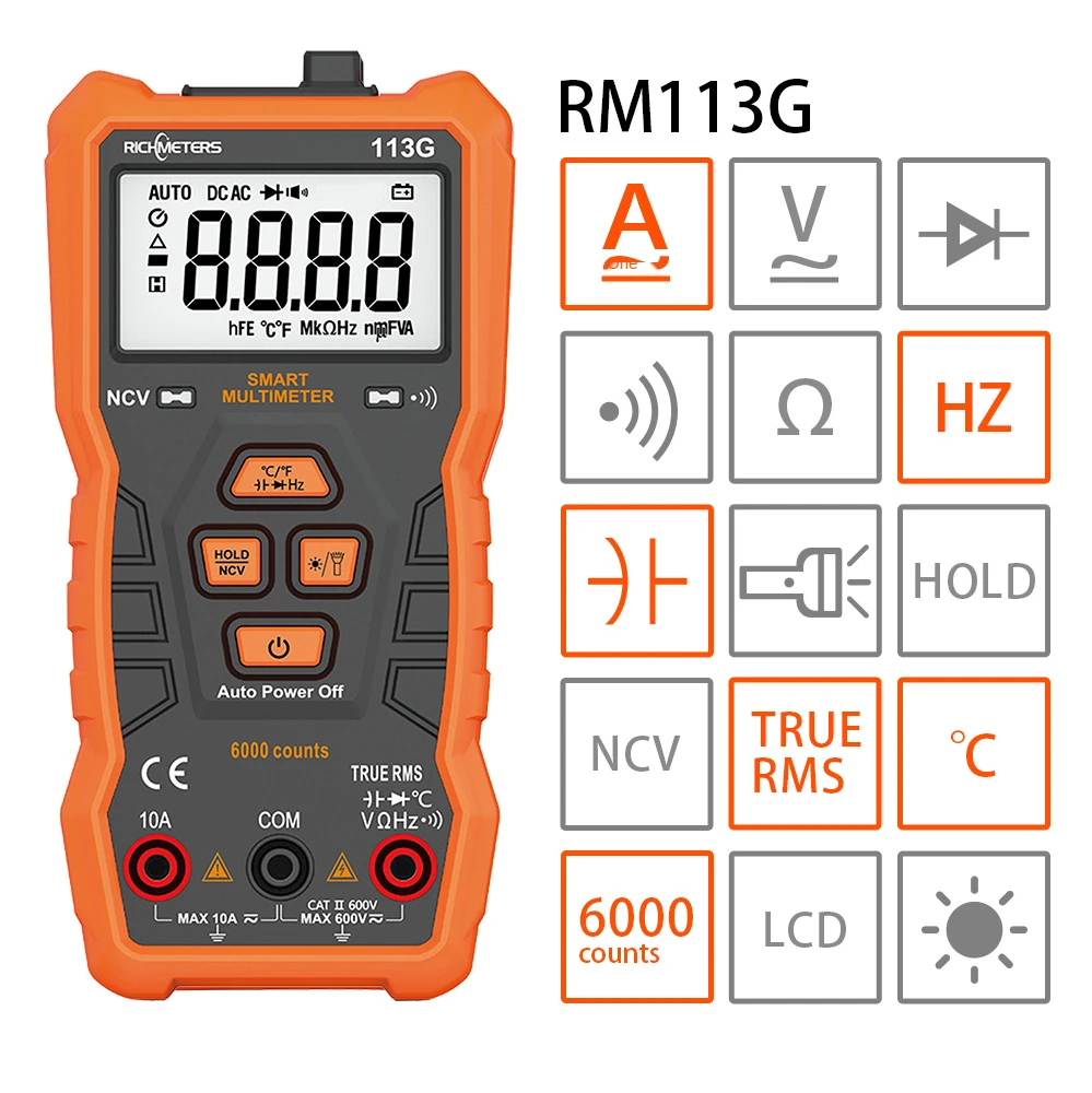 Rm113d ncvデジタルマルチメータ6000カウントの自動範囲ac/DC電圧計フラッシュバックライト大画面113a/d