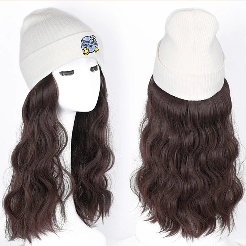 AOSIWIG Winter Fashion Warm Ladies Long Curly Hair Wig Hat Hair Extension Natural Synthetic Knitted Hat Beret Wig