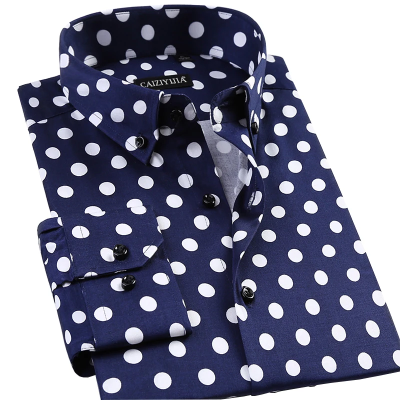 Camisa de manga larga con estampado de lunares para hombre, camisas de vestir masculinas a la moda, ropa informal Formal de algodón, puntos blancos y negros para jóvenes