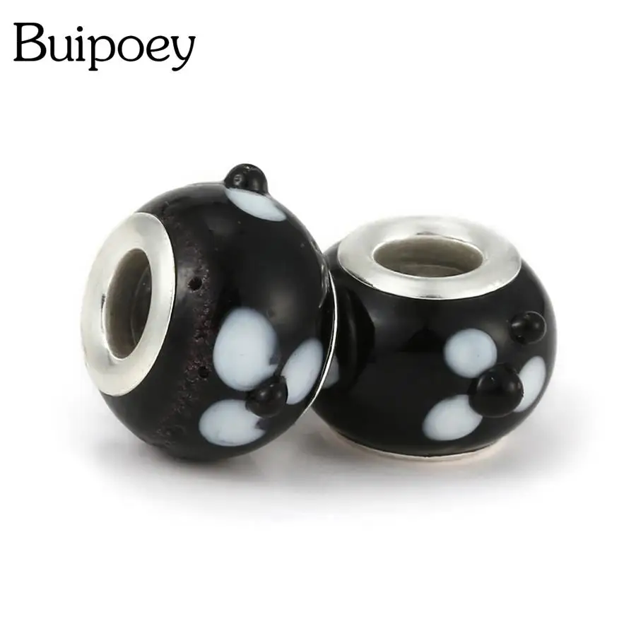 Buipoey 2pcs White Raised Flowers Pattern Black Bead Big Hole Straight Beaded Diy Bracelet Necklace Jewelry Making Accessory