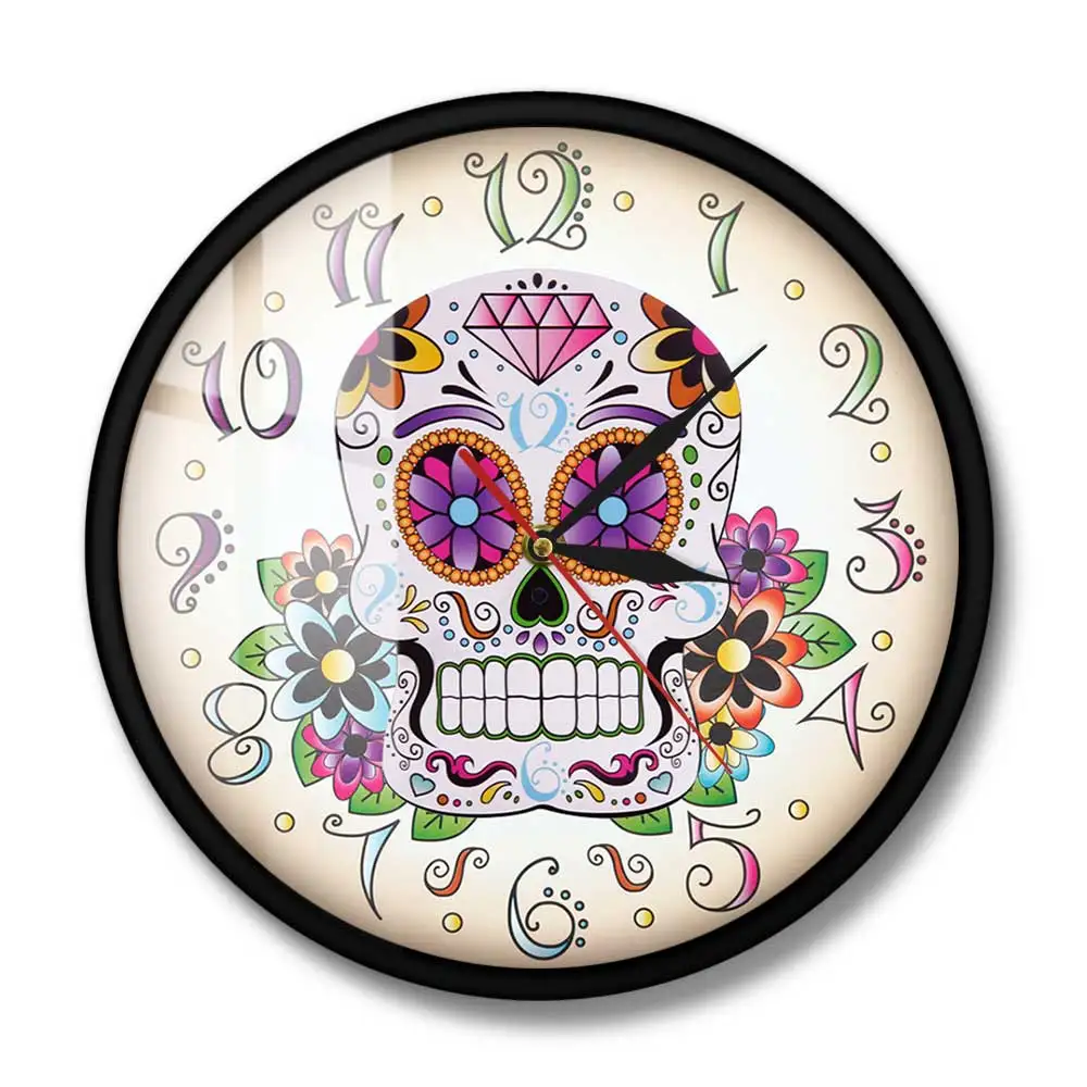 Day of the Dead Mexican Floral Skull Wall Clock Dia de Muertos Spanish Home Decor Hanging Wall Watch Silent Movement Timepieces