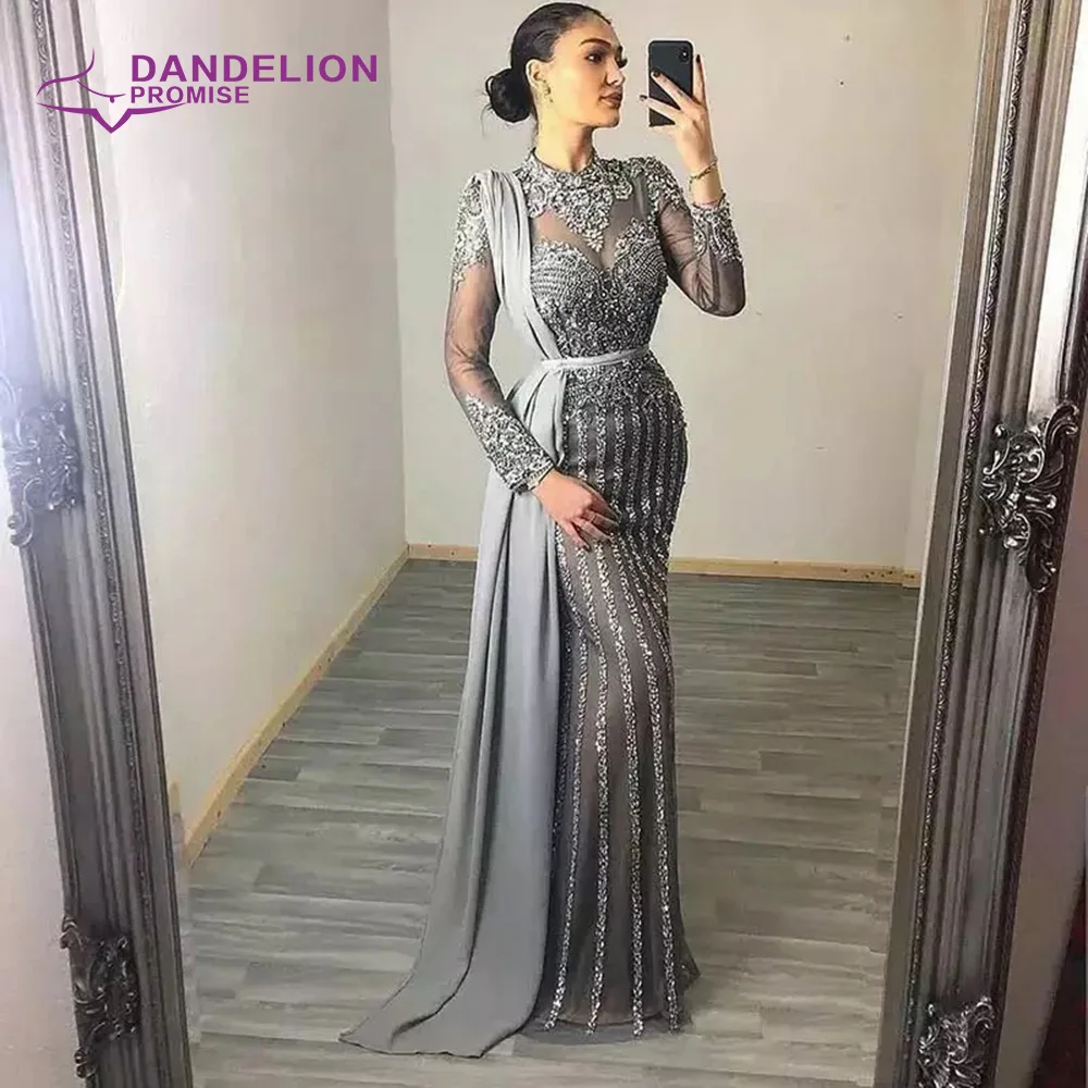 2020 Collection Gray Muslim Rhinestones Evening Dresses High Neck Dubai Long Sleeve Mermaid Gown For Women Party