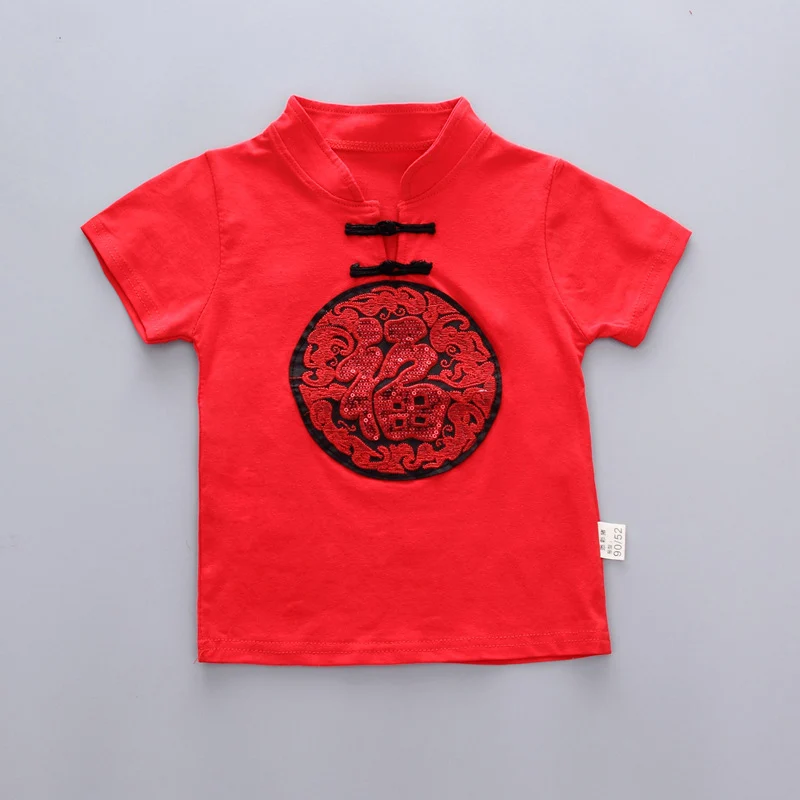 2022 New Baby Chinese Style Short Sleeved Cotton Chinese Character Embroidery Suit Summer Clothes for Boys Girls Two Piece