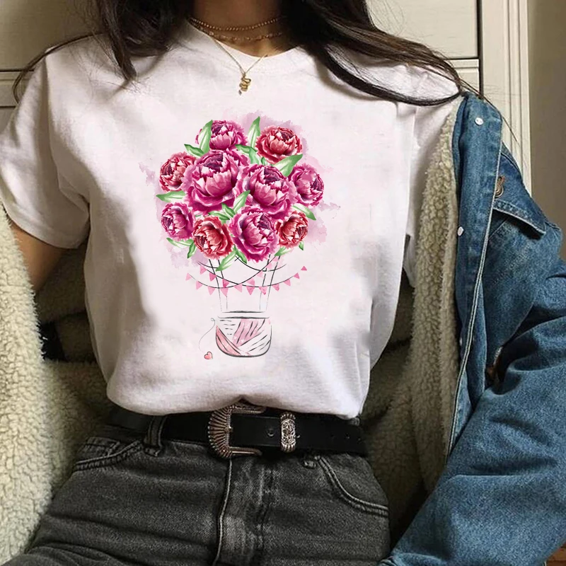 Women Clothes Lady Graphic Streetwear Fashion 90s Hot Balloon Flower Floral Print Tees Tops Female T Shirt  Womens T-Shirt