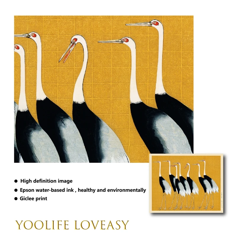 Yellow Birds Crane Print Japanese Oriental Art Prints Coastal Wall Art Canvas Painting Vintage Poster Wall Picture Home Decor