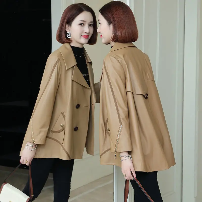 

2022 Women Fashion Outerwear Pu Leather Jacket Spring Autumn Chic Short Coat A-Shaped Loose Coats 4XL Jackets Female Tops