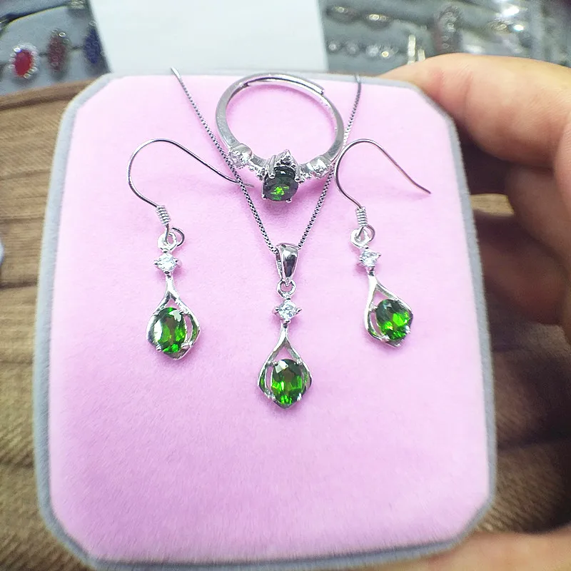 

925 sterling silver natural diopside gemstone new female Girl Woman set horse eye rose gold platinum