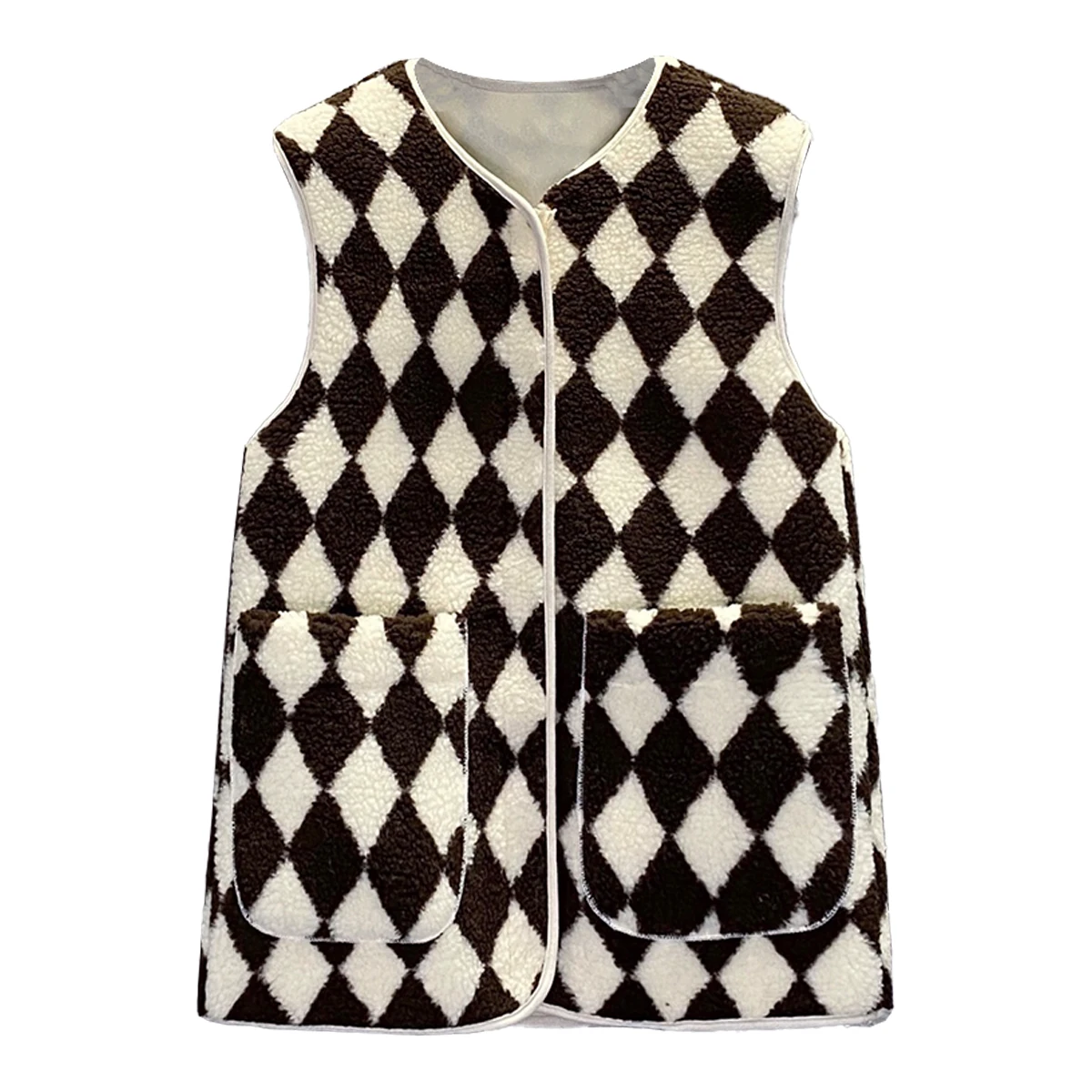 

Plus Size Vests 2021 Winter Autumn Women Waistcoat Thermal Warm Thick Fleece Checkerboard Vest Sleeveless Plaid Jacket Ladies