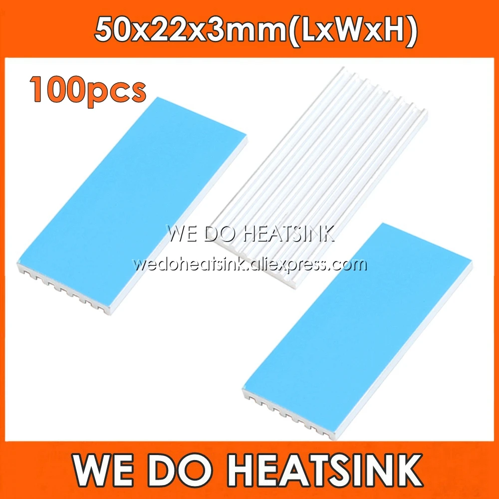 

WE DO HEATSINK 100pcs 50x22x3mm Silver Extruded Aluminum Heatsink Radiator Cooler With Thermal Heat Transfer Tape