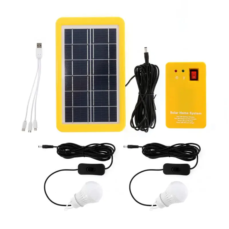 3W Solar Panel Emergency Light Kit Solar Generator 4 Heads USB Charger Cable with 2 LED Light Bulb for Outdoor Camping