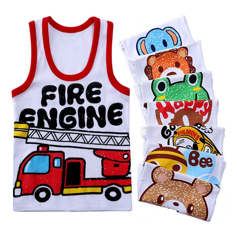 Summer Kids 100%Cotton T Shirts Boys Girls Baby Cartoon Printed Sleeveless Vests Clothes For 2-7 Years Children Clothing Gift