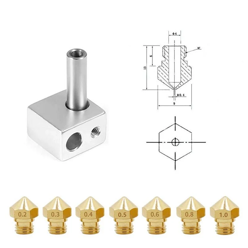 3D M7 MK10 de Bronze Extrusora Hotend Impressora Bicos 0.2mm, 0.3mm, 0.4mm, 0.5mm, 0.6mm, 0.8mm, 1.0mm & Limpeza Agulhas fit 1.75 milímetros