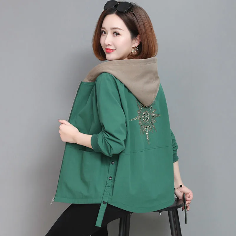 2023 Autumn Women\'s Coat Hooded Jacket Long Sleeve Zipper Pockets Casual Windbreaker Basic Jackets Outerwear Splicing Hooded E25