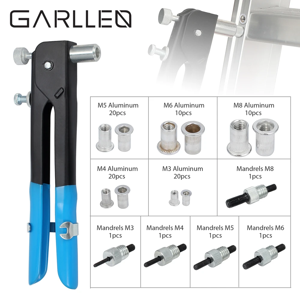 GARLLEN Nut Rivet ประแจปืน + 86Pcs M3-M8เกลียว Nut Rivet Riveter Rivnut Nutsert Gun Riveting Auto ซ่อมแซมเฟอร์นิเจอร์ชุดเครื่องมือ