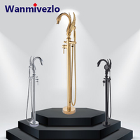 Swan Shape Spout Bathtub Faucet Freestanding Bathroom Bath Tub Mixer Tap Single Handle With Handshower Floor Mounted Bath Shower