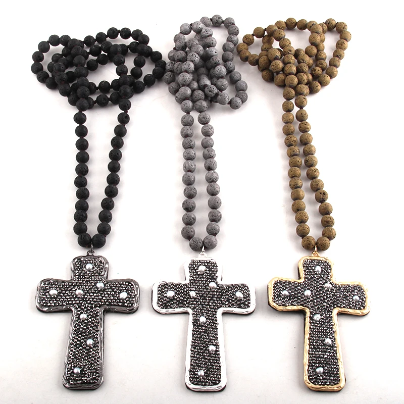 Fashion Bohemian Tribal Jewelry Lava Stone Long Knotted Paved Pearl decoration Cross Necklaces