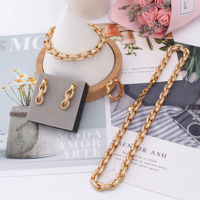 

Necklace Bracelet Earring Ring 4 Pieces Jewelry Set for Men Women Unisex Hip Hop Bling Iced Out Charm Jewelry Gold Silver Color