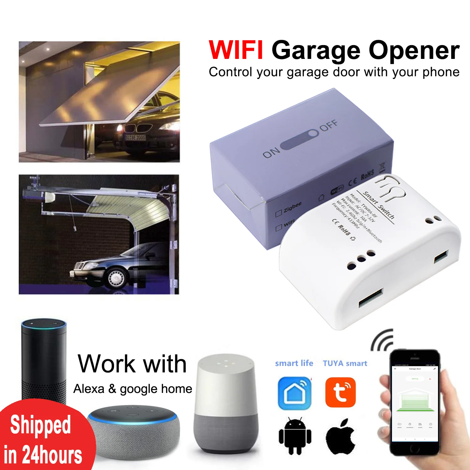 Smart Garage Door Opener Wireless Auto Open WIFI Relay Module Controller SmartLife Tuya APP Remote Control Alexa Google Home