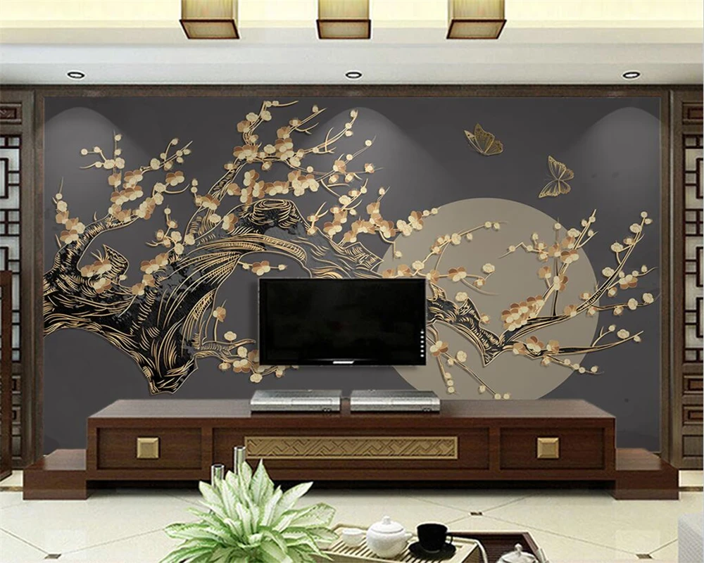 beibehang Customized beautiful new Chinese style plum blossom bright moon light luxury golden embossed line background wallpaper