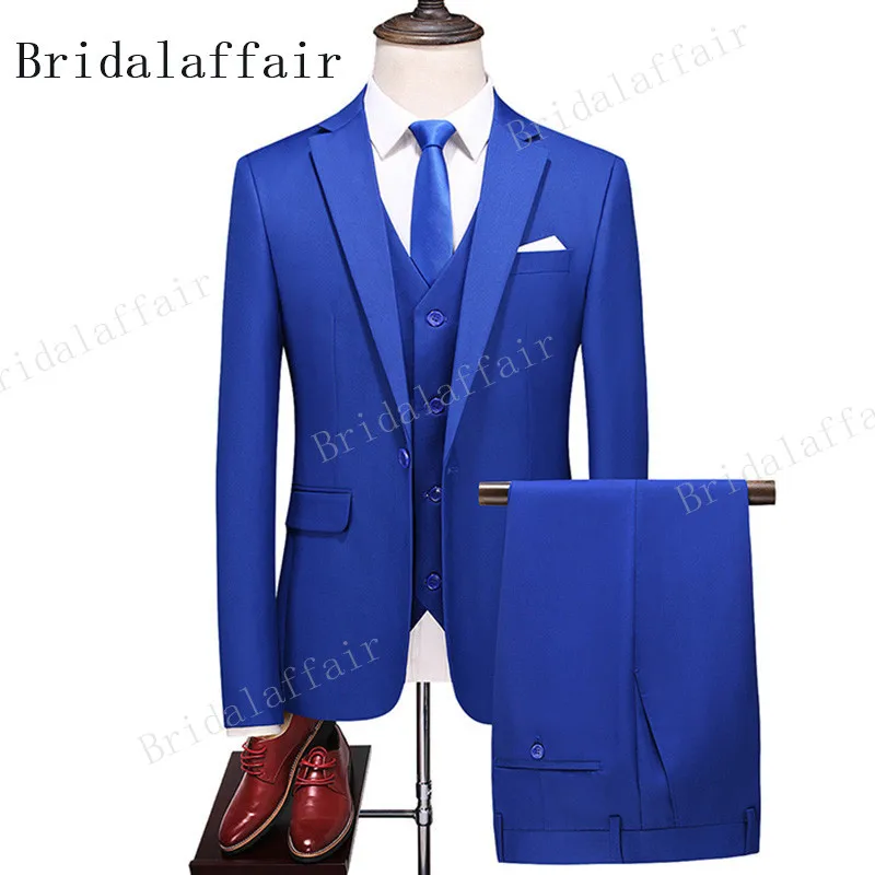 KUSON Men Classic Full Suit Royal Blue Party Wedding Tuxedo Slim Fit Mens Formal Business Suits 3 pcs (jacket+pants+vest) Set