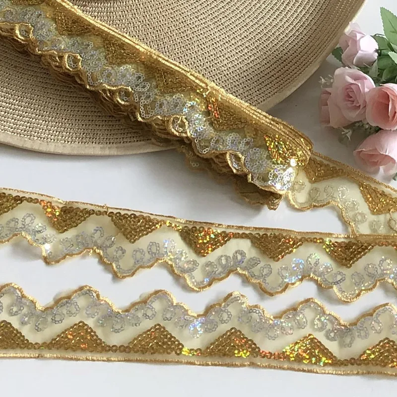 10Yard Sequin African Lace Paillettes Organza Fabric Material Ribbon Braid Trim Sew Dance Clothes Curtain Accessory Gold Silver