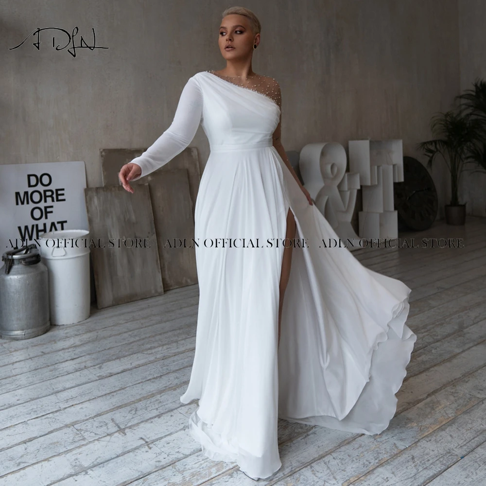 Sexy Sheer Hals Lange Mouwen Plus Size Wedding Gown Chiffon Beach Bruid Jurk Vestido De Novia Side Slit Boho Bridal gown 2021