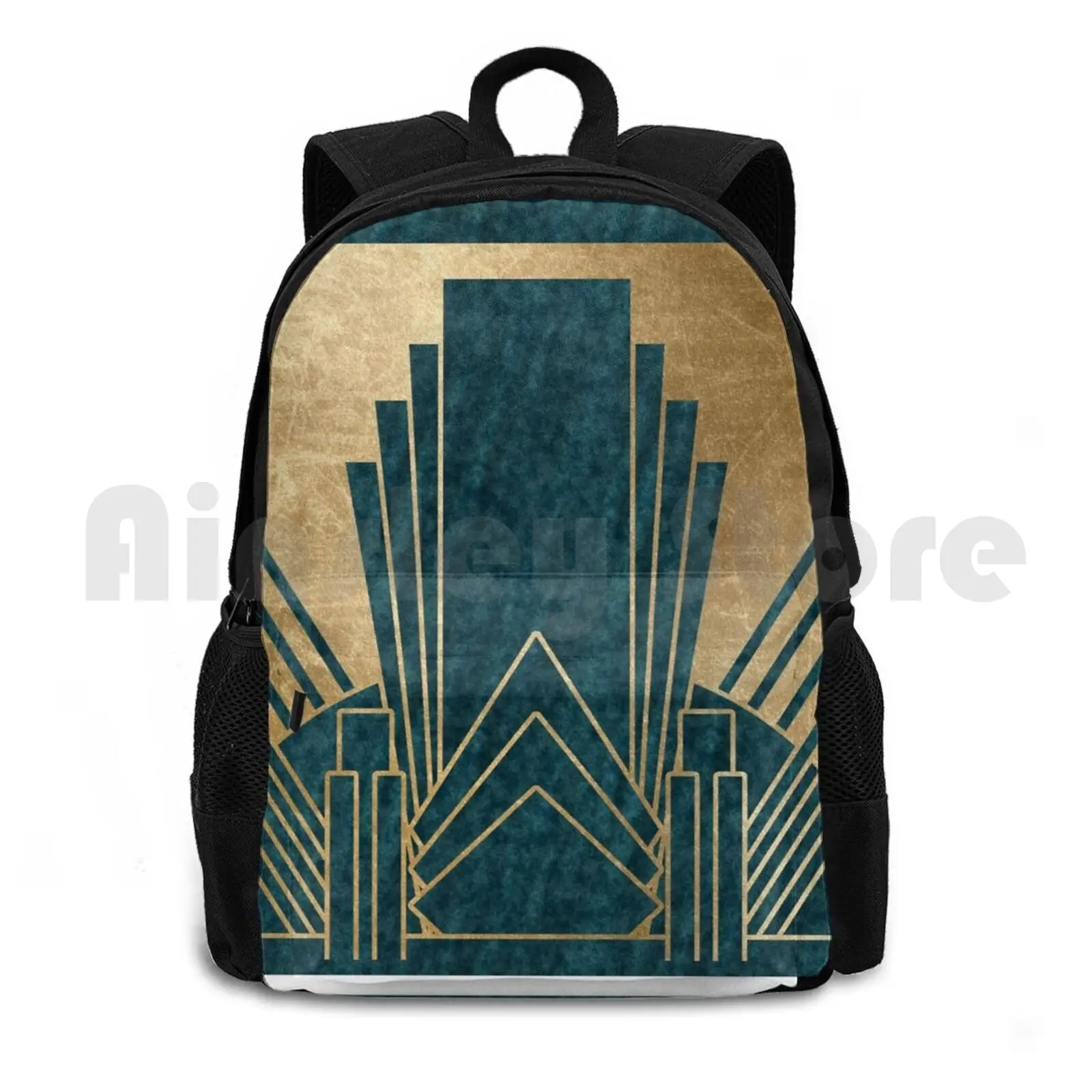 Art Deco Glamour-Teal And Gold Outdoor Hiking Backpack Riding Climbing Sports Bag The Great Gatsby Teal Aqua Turquoise Blue