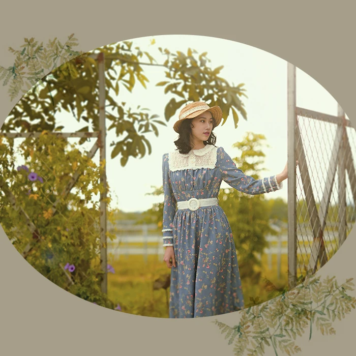 Autumn Original Design Winter Women Vintage French Rural Style Sleeve Lace Floral Corduroy Long Princess Dress