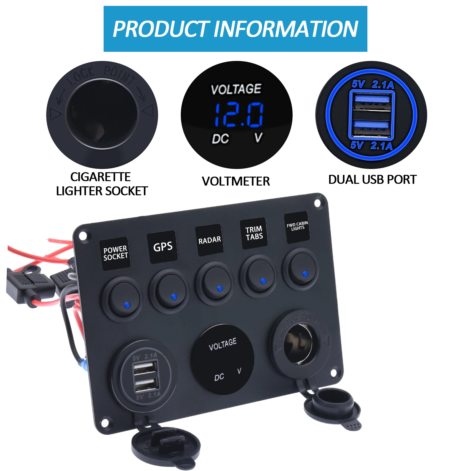 LED Rocker Switch Panel With Digital Voltmeter Dual USB Port 12V Outlet Combination Waterproof Switches For Car Marine Boat