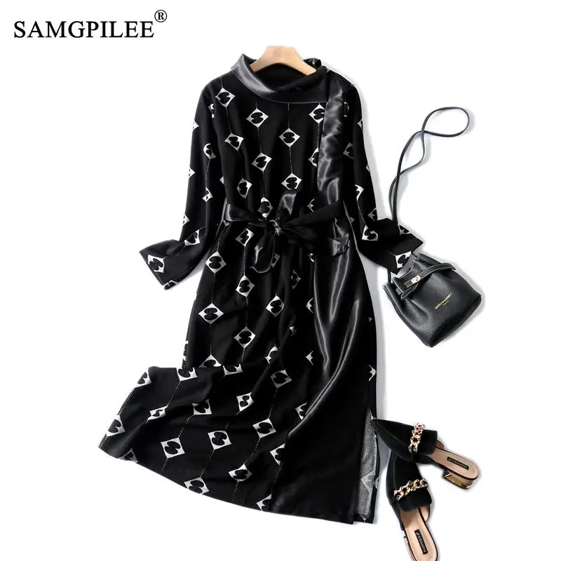 

Dresses For Women Party 2023 Casual Dress Korean Style A-line Print Full Sleeve Sashes Empire Ruffled Woman Dress 4XL