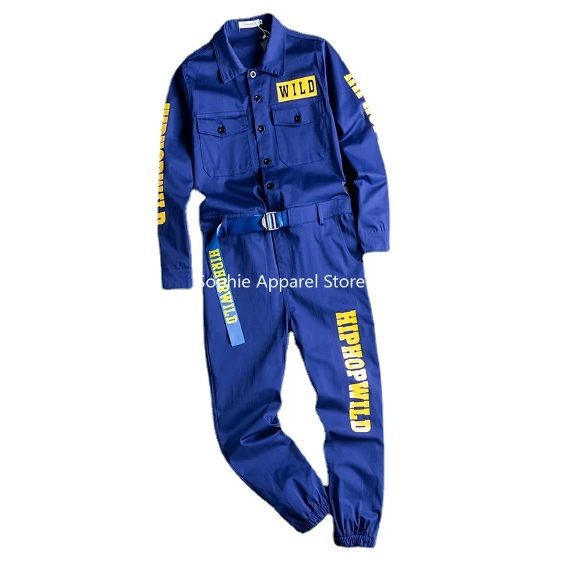 

Jumpsuit for Men Letter Printed Beam Feet Jogging Cargo Pants Multi Pocket Hip Hop Workwear Blue Loose Overalls Freight Trousers