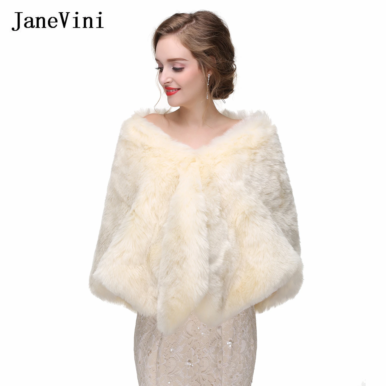 

JaneVini New Elegant Faux Fur Bridal Shawls Wraps Women Stole Winter Warm Coat Wedding Party Soft Jacket Cloak Boleros Nupciales