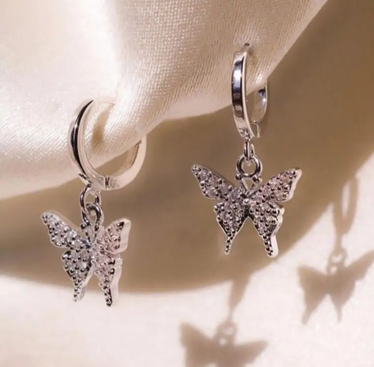 Lucky Silver Plated Zircon Crystal Butterfly Huggie Dangle Earrings for Women Drop Earring Engagement Wedding Jewelry Gifts