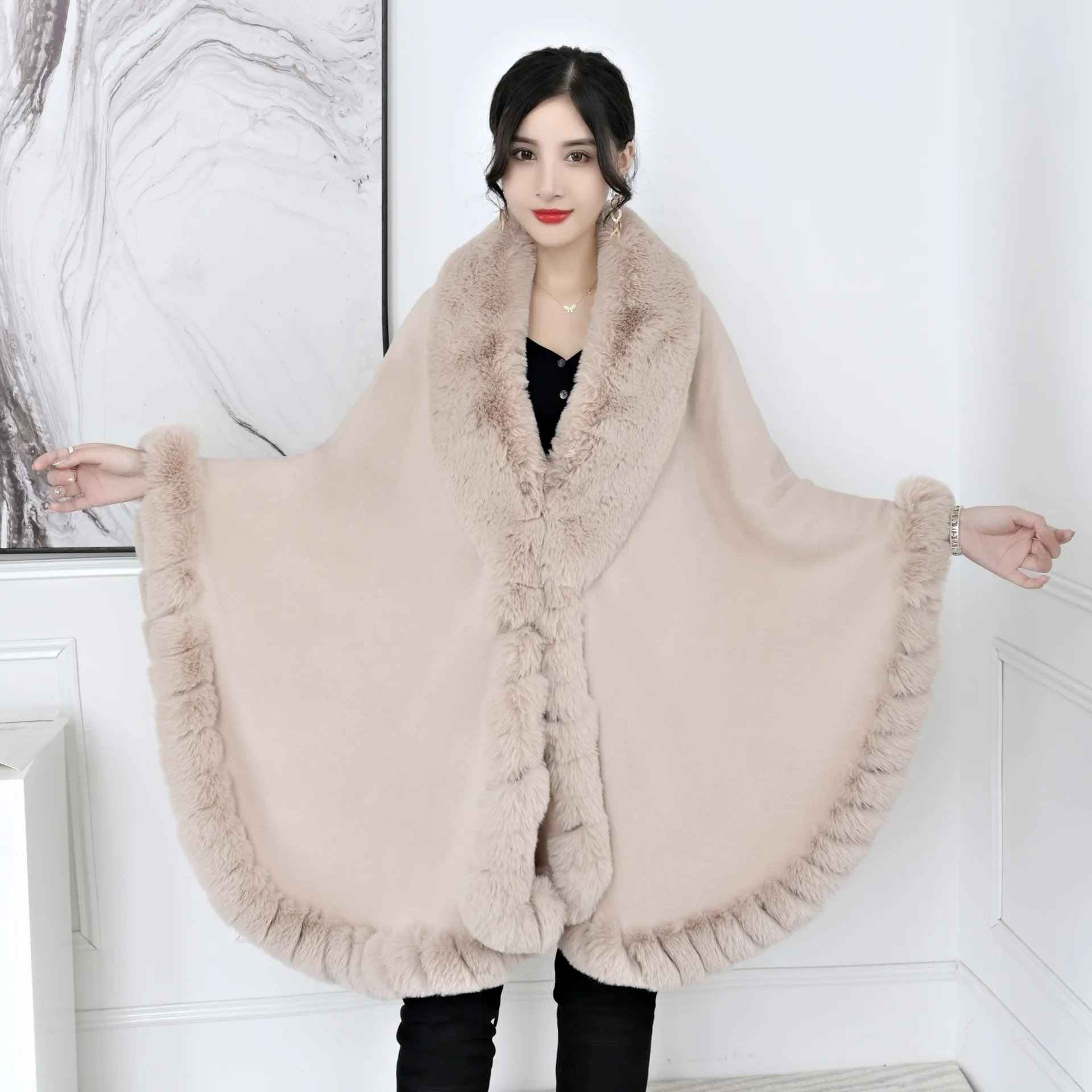 16 Colors Winter Warm Capes Plus Size Batwing Sleeves Poncho Cloak Women Turn-Down Faux Fur Collar Loose Cardigan Shawl Coat