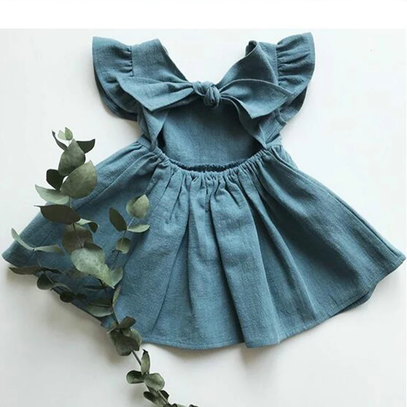 Korean Style Summer Infant Girls Dress Flying sleeve Cotton Linen Newborn Baby Girls Princess Dress Kids Party Dresses