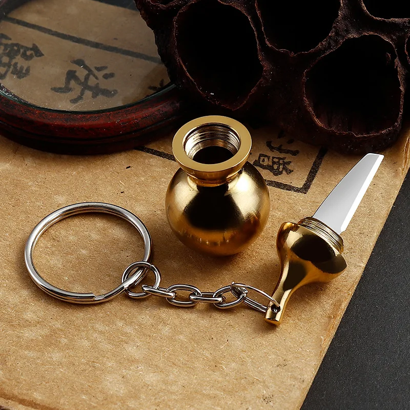 Creative Mini Brass Gourd-Shaped Sealed Bottle Small MedicineBbox EDC Outdoor Sports Gadget Portable Removable Keychain Knife