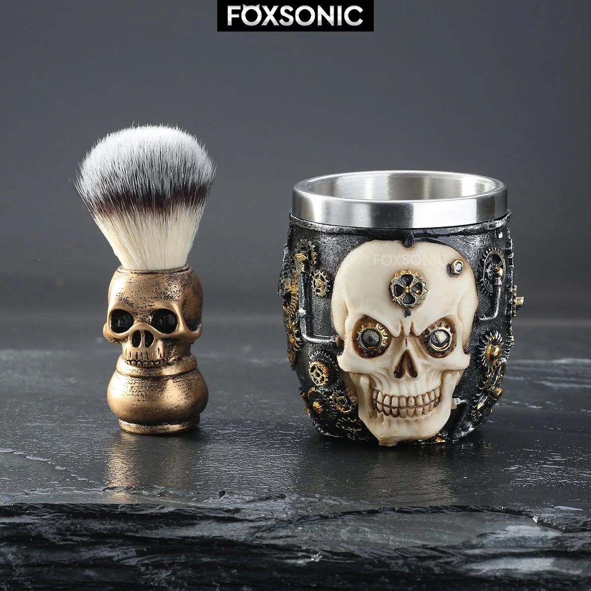 FOXSONIC-Juego de brochas de afeitar con cabeza de calavera para hombre, Kit de brochas de afeitar para peluquería, Set de afeitado de barba