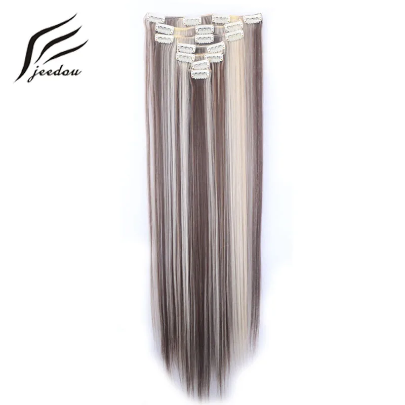 Jeedou Long Straight Clip in Hair Extensions 7pcs/set For Full Head Synthetic Hairpiece Black Light Brown Color