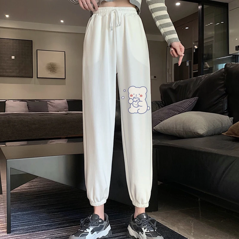 

Autumn Loose Casual White Drawstring Sweatpants Korean Fashion Trousers Cute Cartoon Bear Print Harajuku Pants Women Streetwear