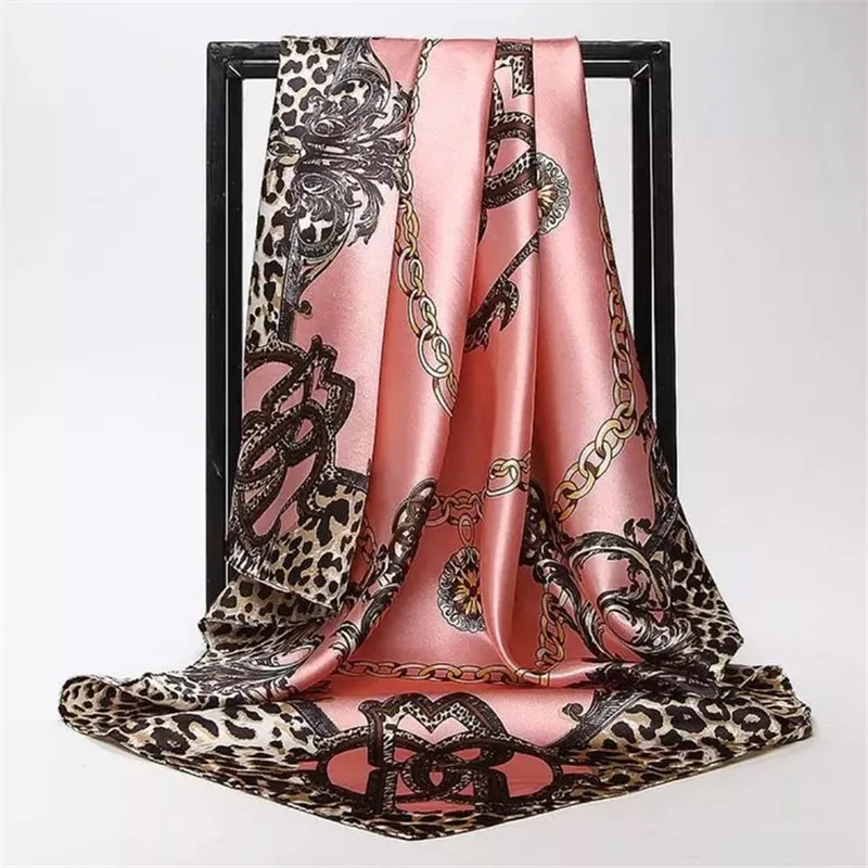 90*90cm Luxury Brand Twill Silk Large Scarf Women Fashion Belt Pattern Satin Square lady Design Handkerchief Bandanna foulard